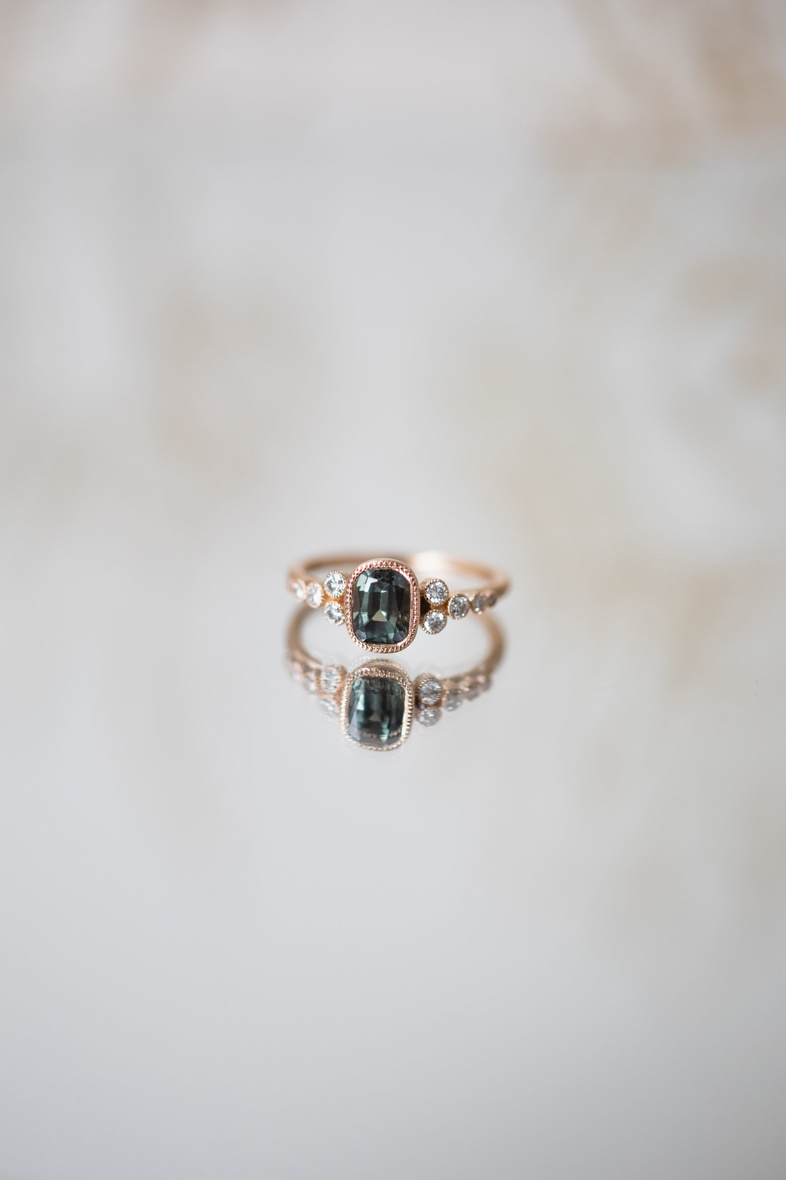 Designer engagement ring Unique piece in rose gold natural khaki green Umba sapphire and diamond