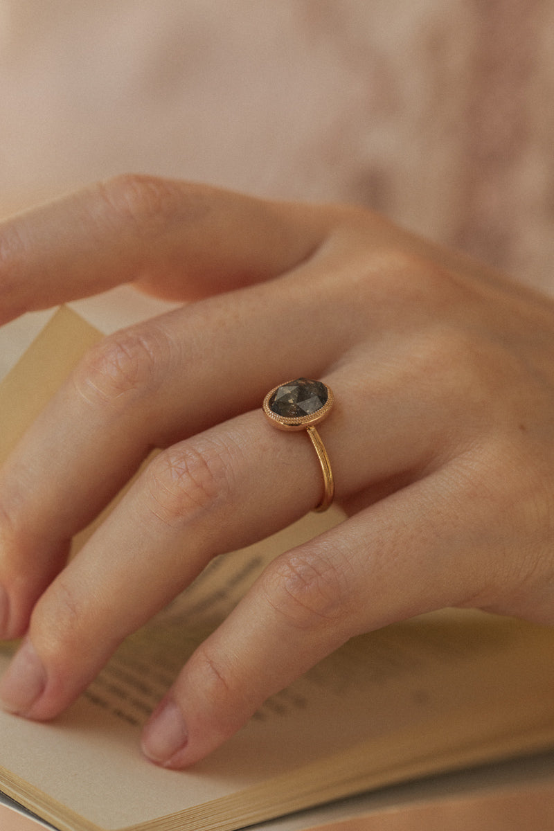 Designer engagement ring: One-of-a-kind piece in gold with diamond oval rose-cut diamond and pepper" diamond , " Myrtille Beck