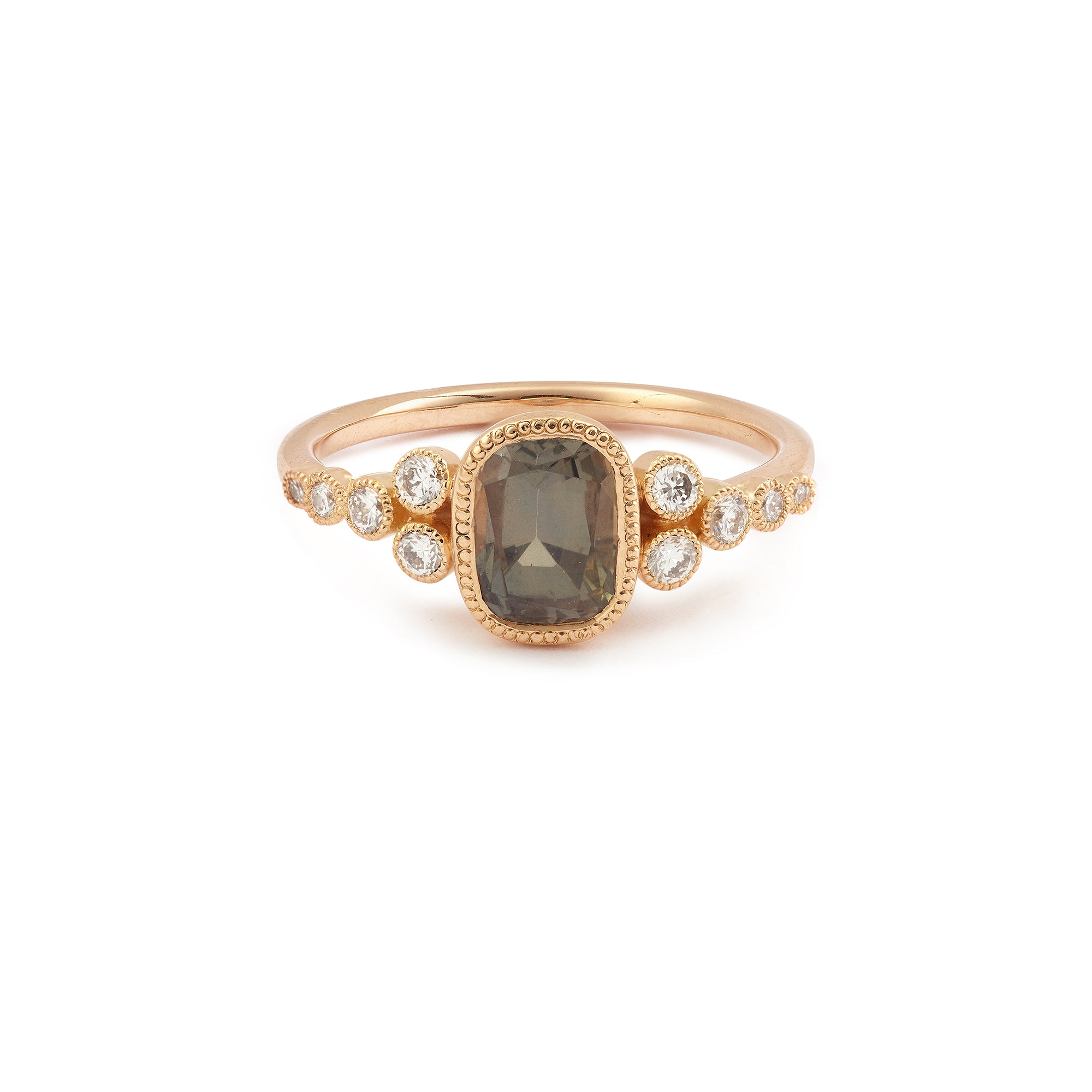 Designer engagement ring Unique piece in rose gold natural khaki green Umba sapphire and diamond