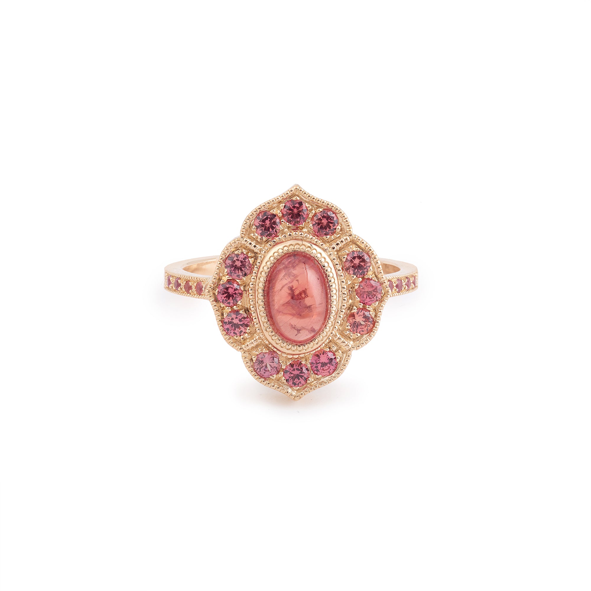 Designer Engagement Ring: One-of-a-kind piece in gold and sapphires, featuring a peach-colored Umba Myrtille Beck cabochon-cut Myrtille Beck