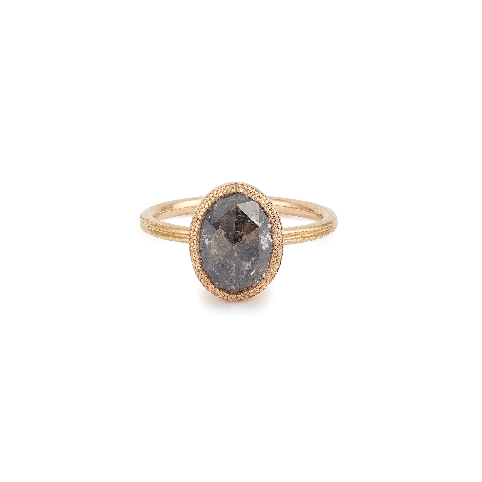 Designer engagement ring: One-of-a-kind piece in gold with diamond oval rose-cut diamond and pepper" diamond , " Myrtille Beck