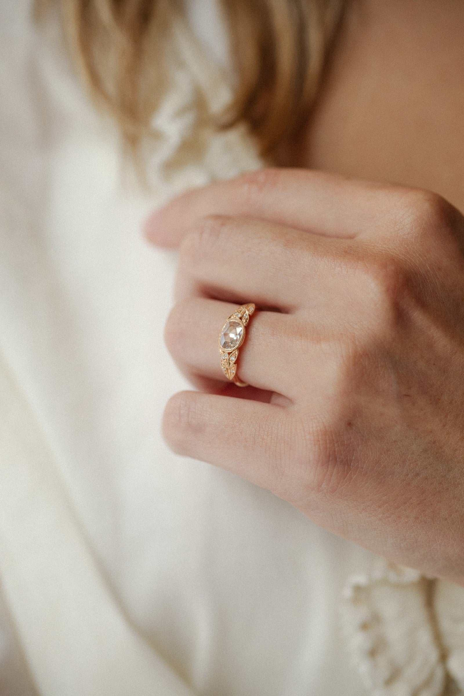 Designer engagement ring Unique piece in gold and white oval rosecut diamonds Myrtille Beck Paris joaillerie éthique et artisanale