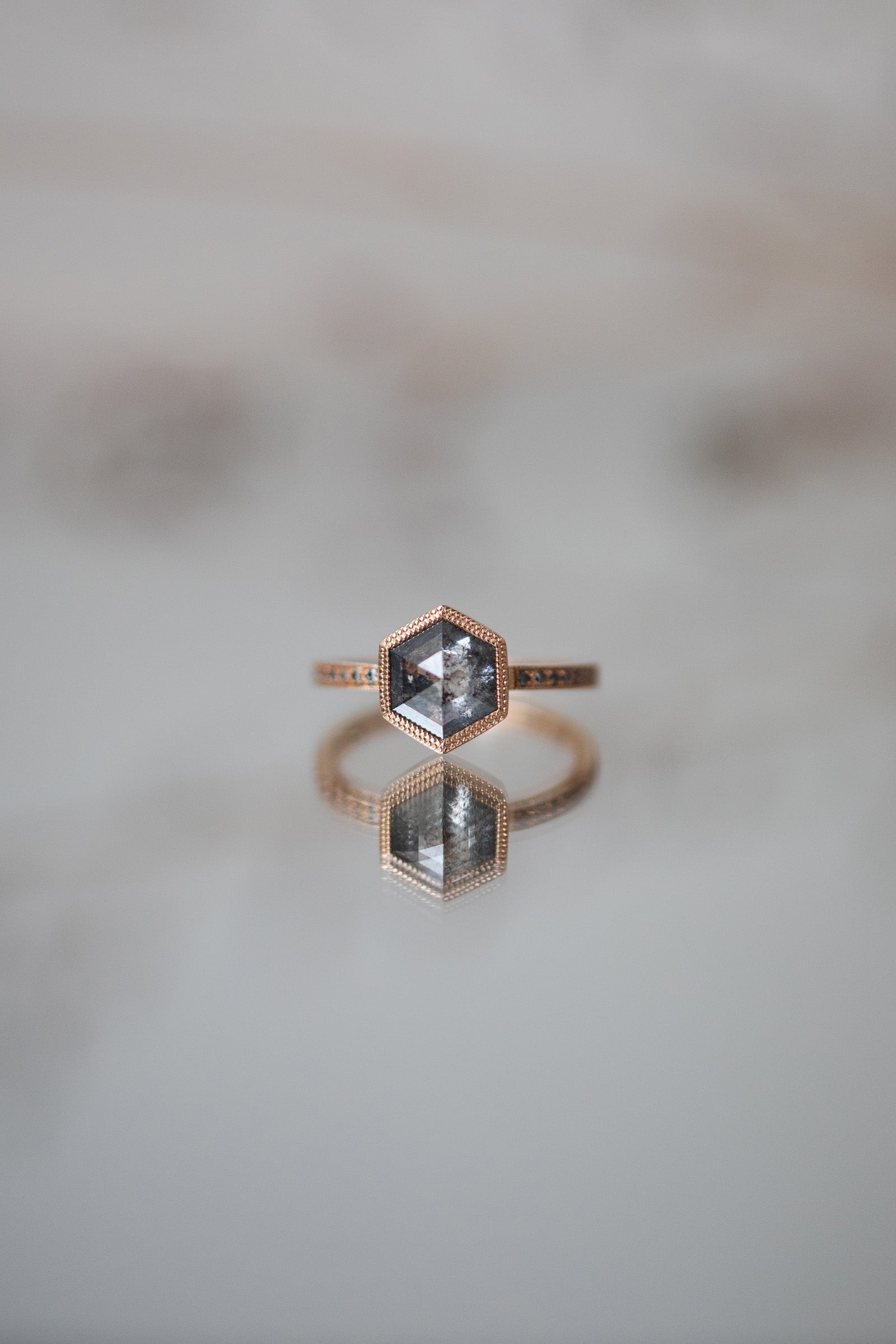 Designer engagement ring Unique piece in gold and natural salt and pepper diamond Myrtille Beck Paris