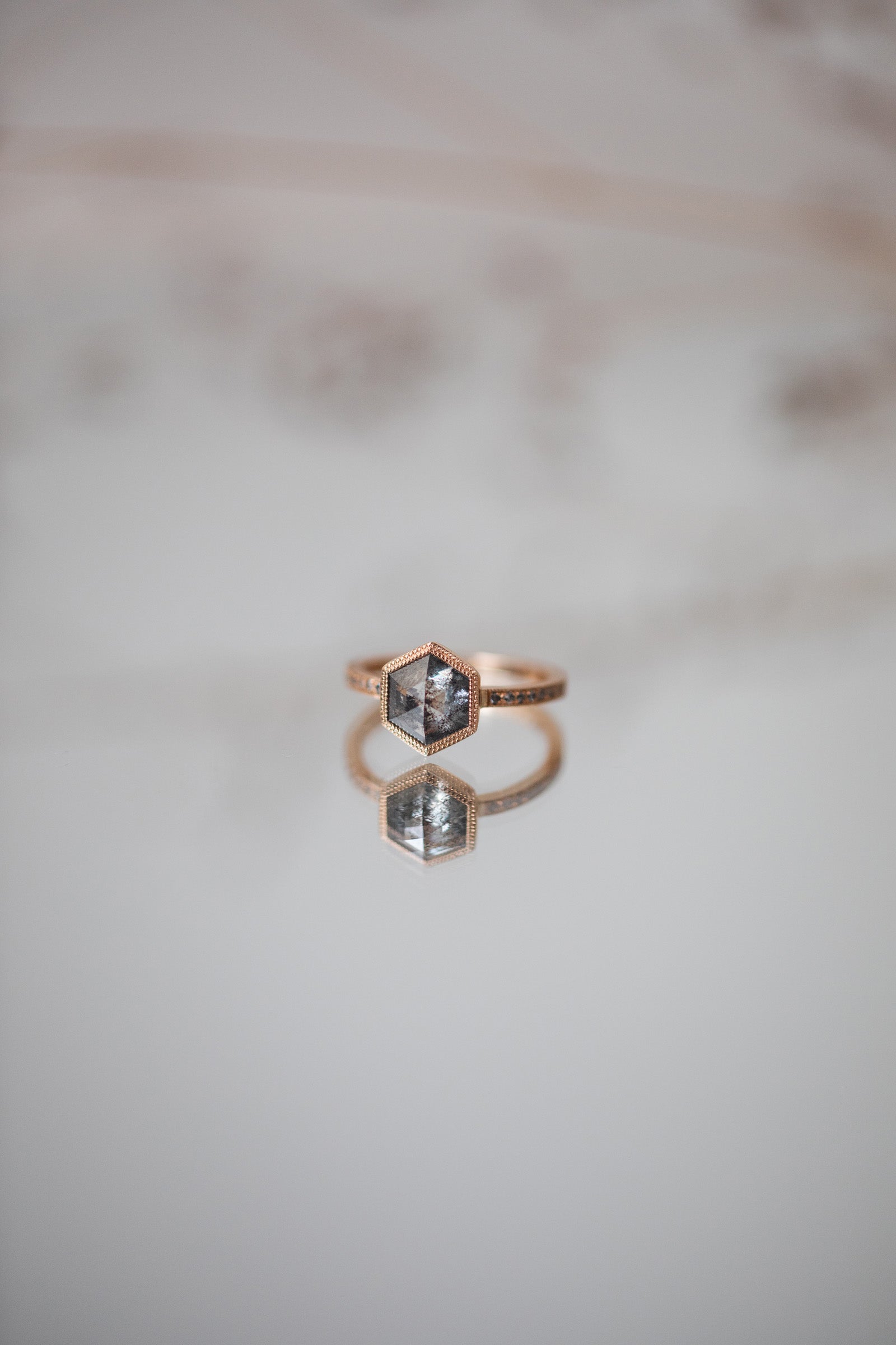 Designer engagement ring Unique piece in gold and natural salt and pepper diamond Myrtille Beck Paris