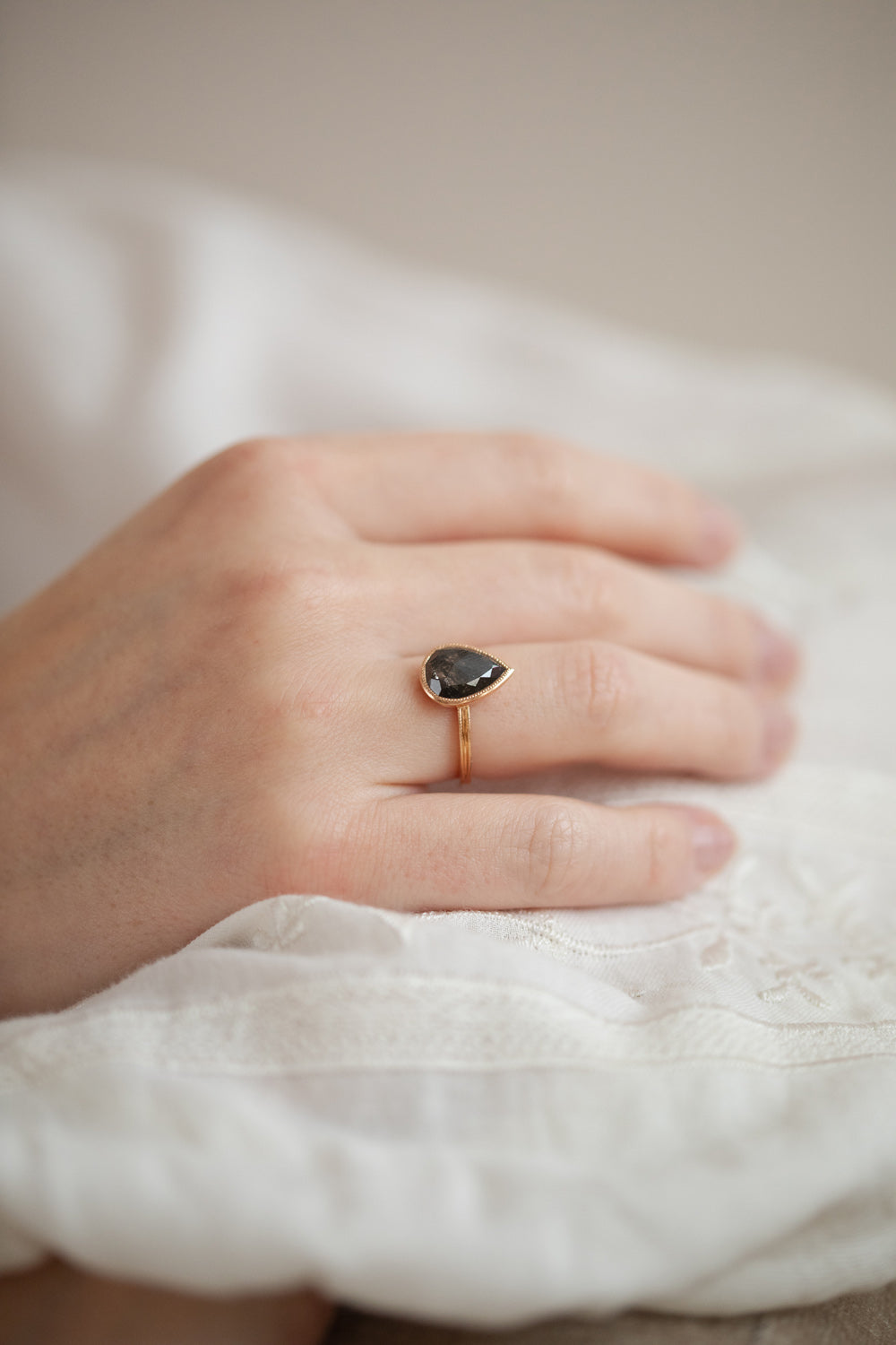 Designer engagement ring Unique piece in gold diamond and pepper diamond Myrtille Beck