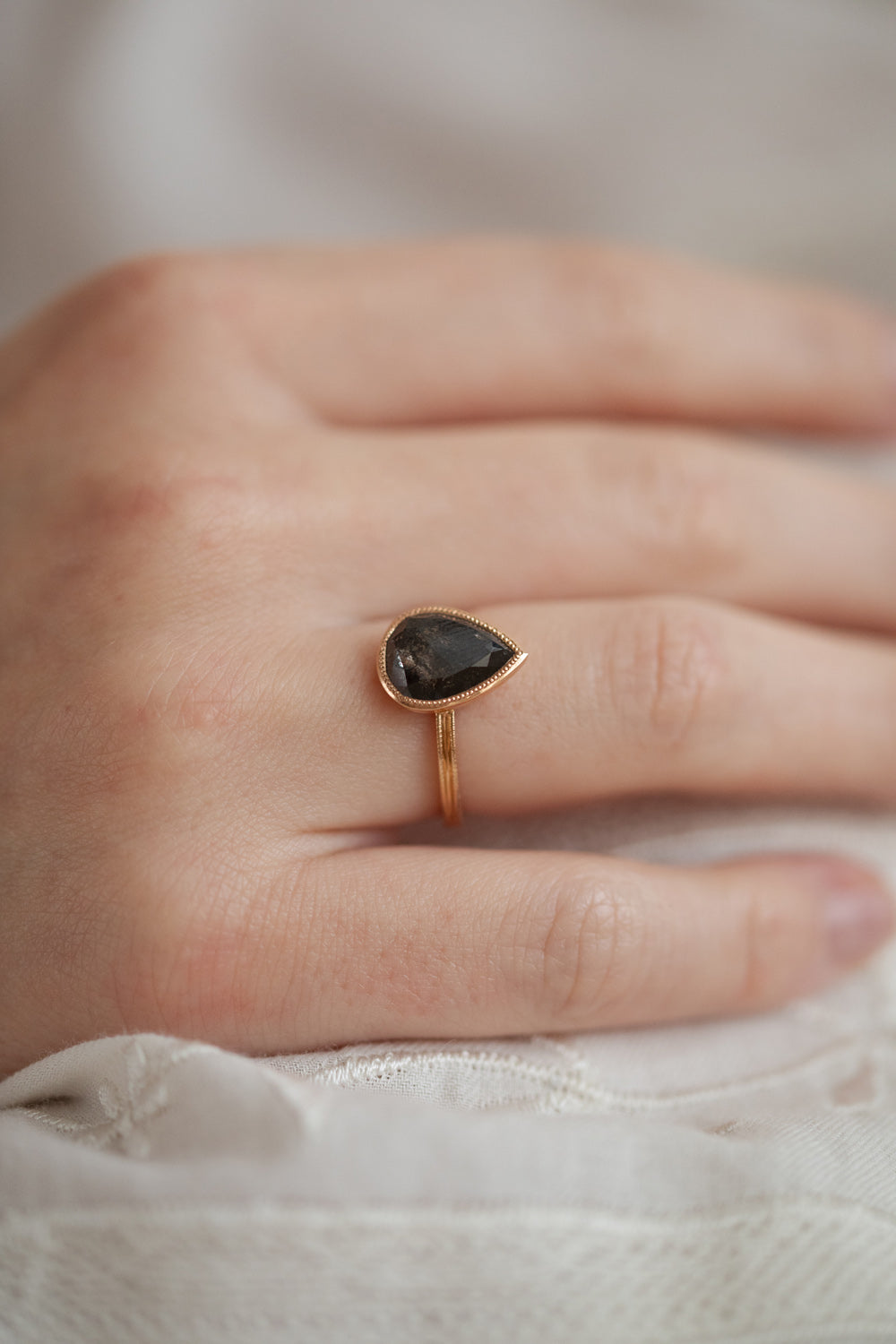 Designer engagement ring Unique piece in gold diamond and pepper diamond Myrtille Beck