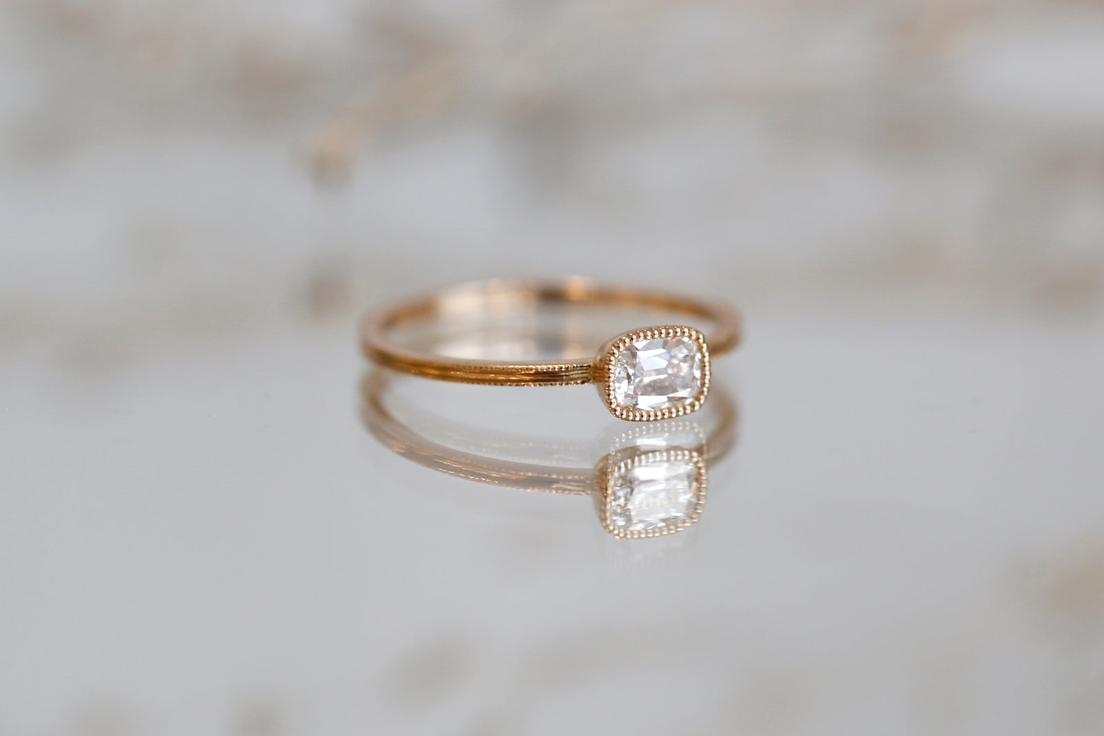 One of a kind diamondcushion, Double Milgrain square ring