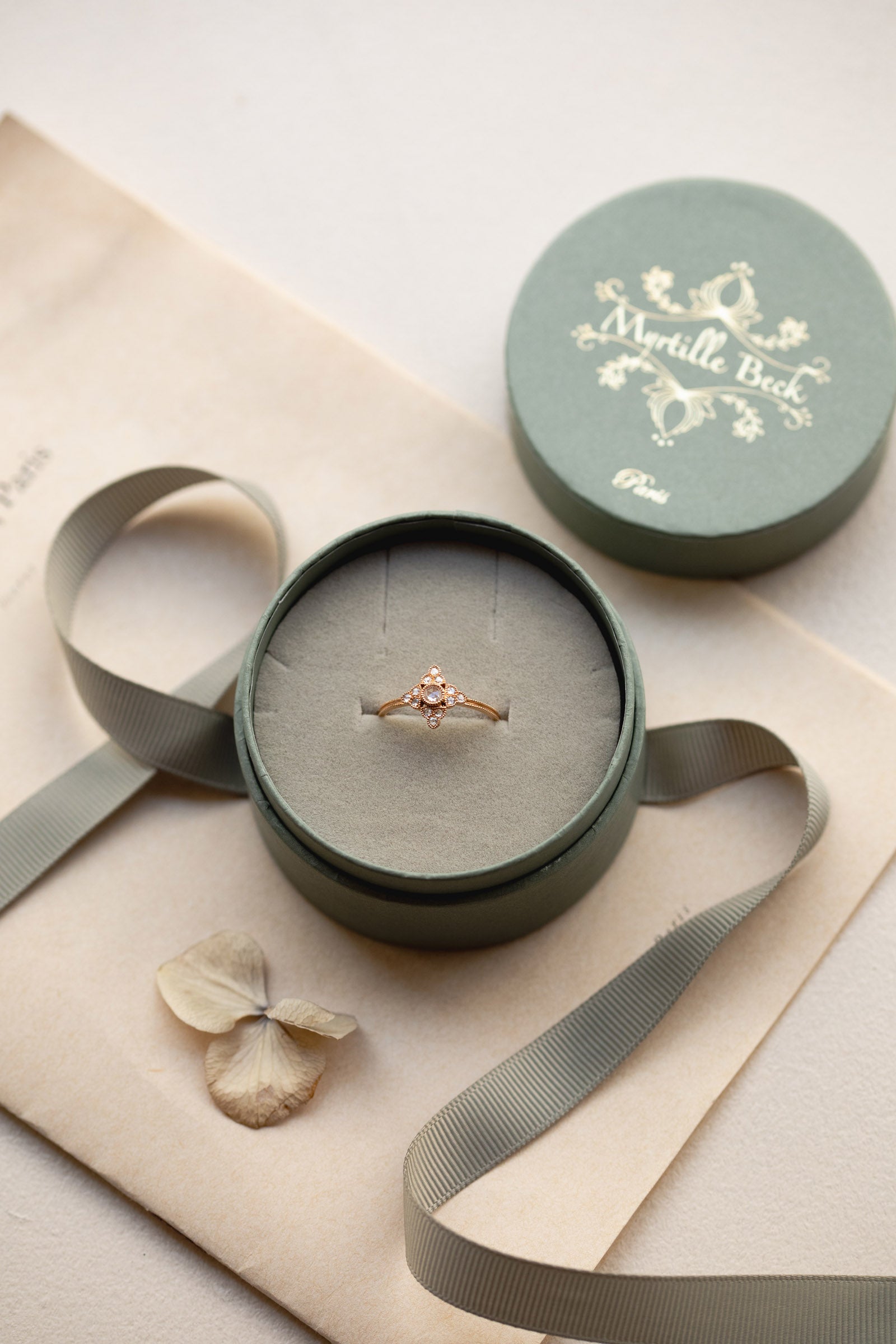 Pièce Unique Solitaire Double Milgrain Poire Diamant Salt & Pepper