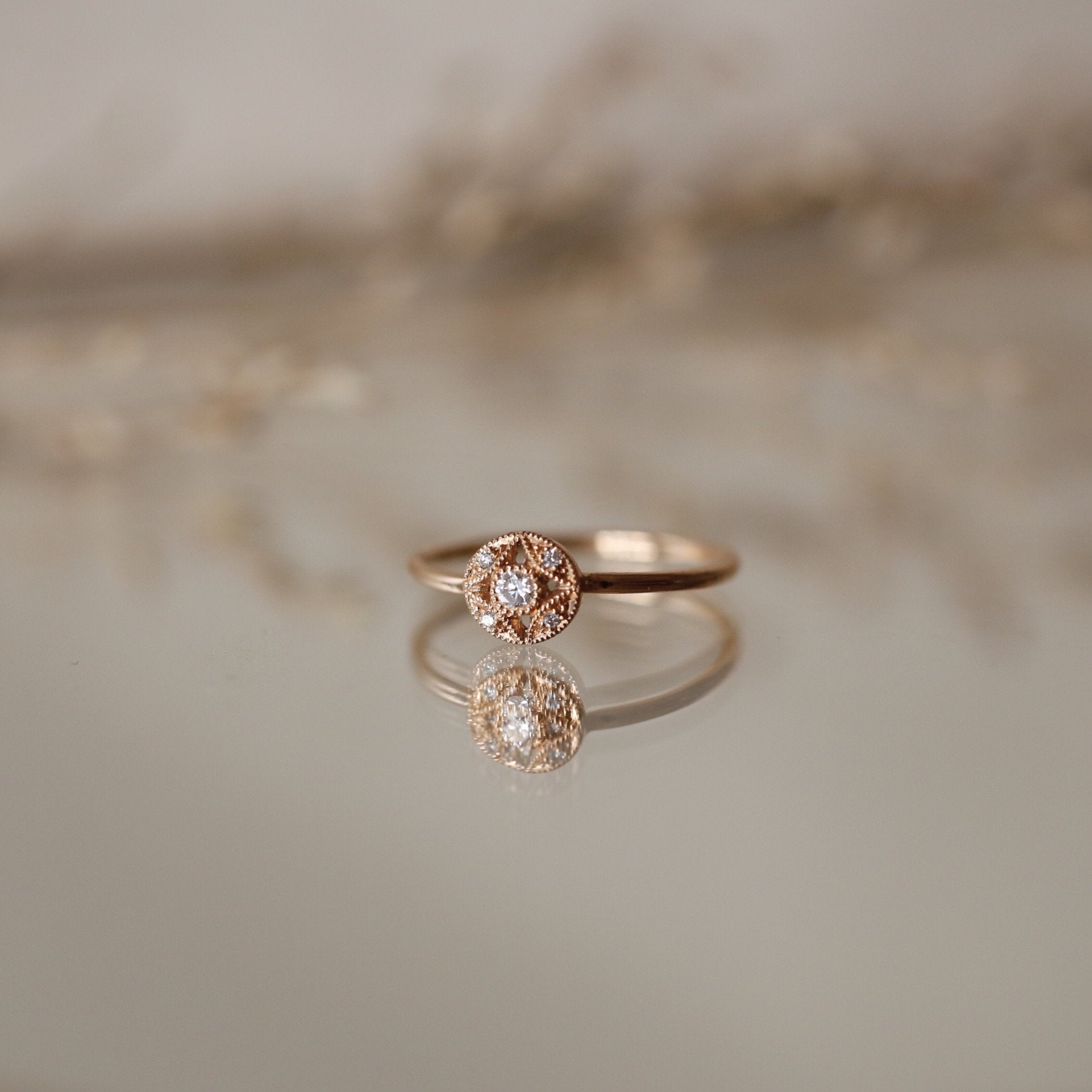 Bague - Bague Petites Feuilles or rose diamants blancs, bague de fiançailles de créateur, bague vintage Myrtille Beck Paris