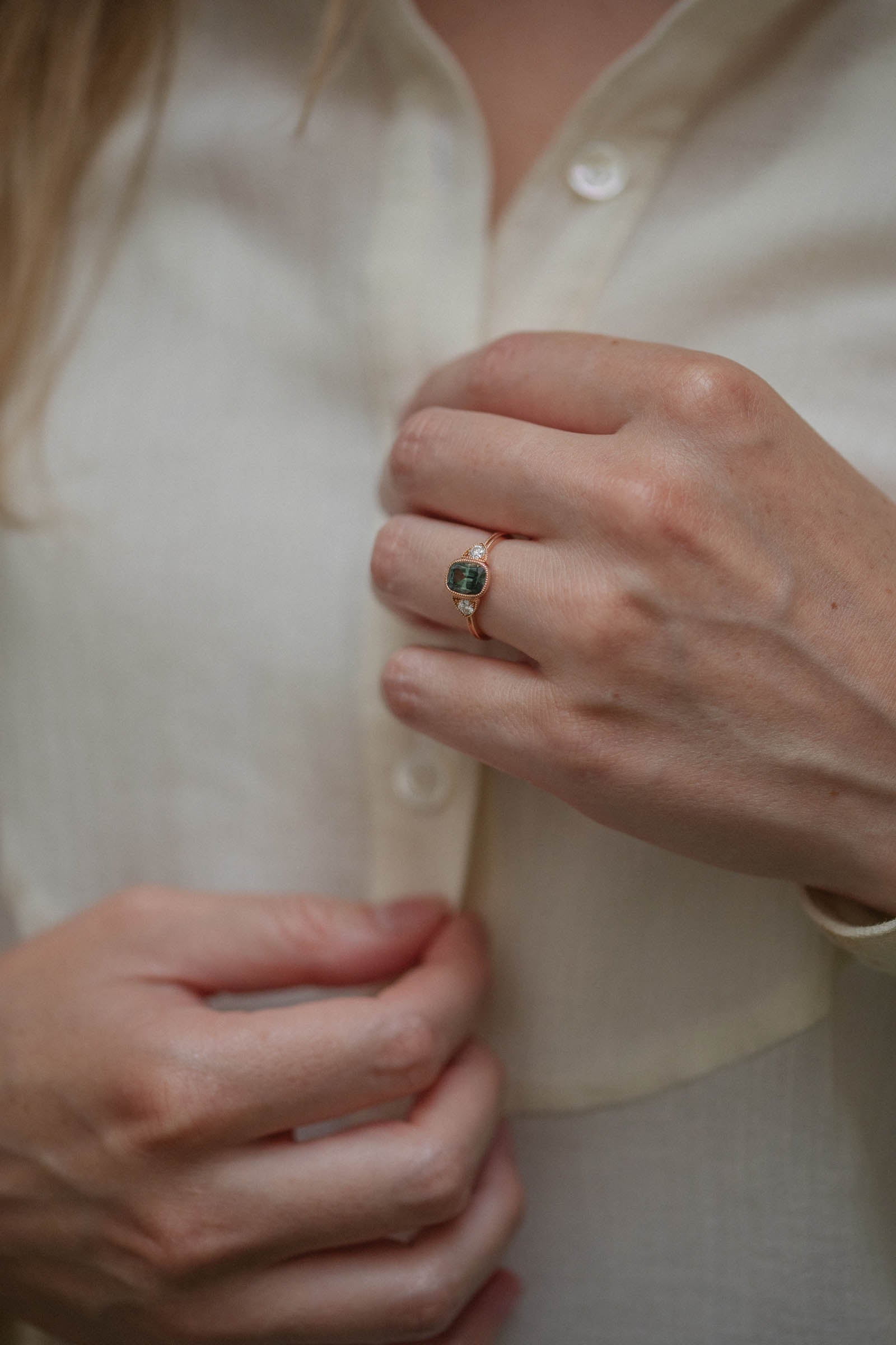 Designer engagement ring in gold with sapphire and diamonds Myrtille Beck Paris