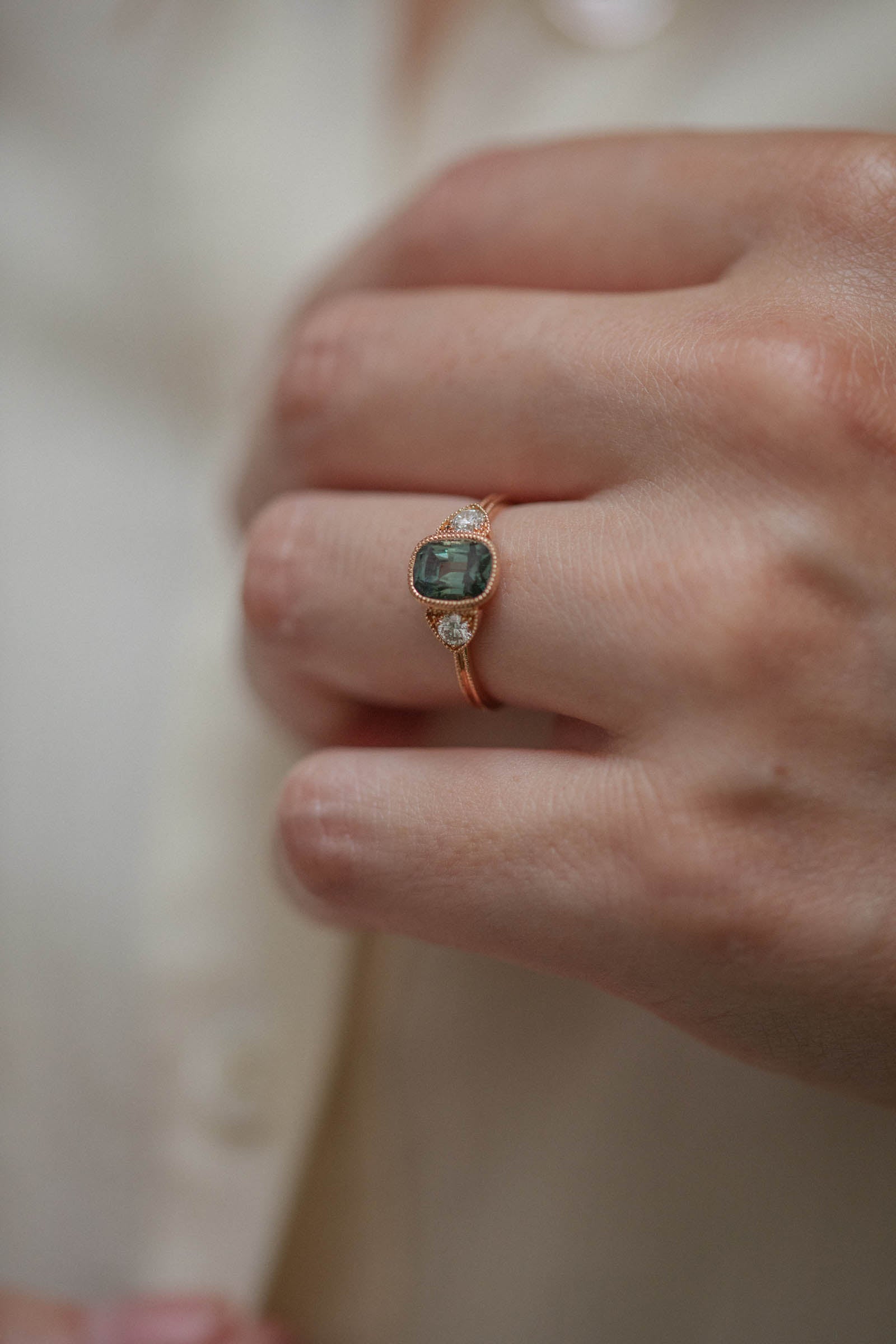 Designer engagement ring in gold with sapphire and diamonds Myrtille Beck Paris