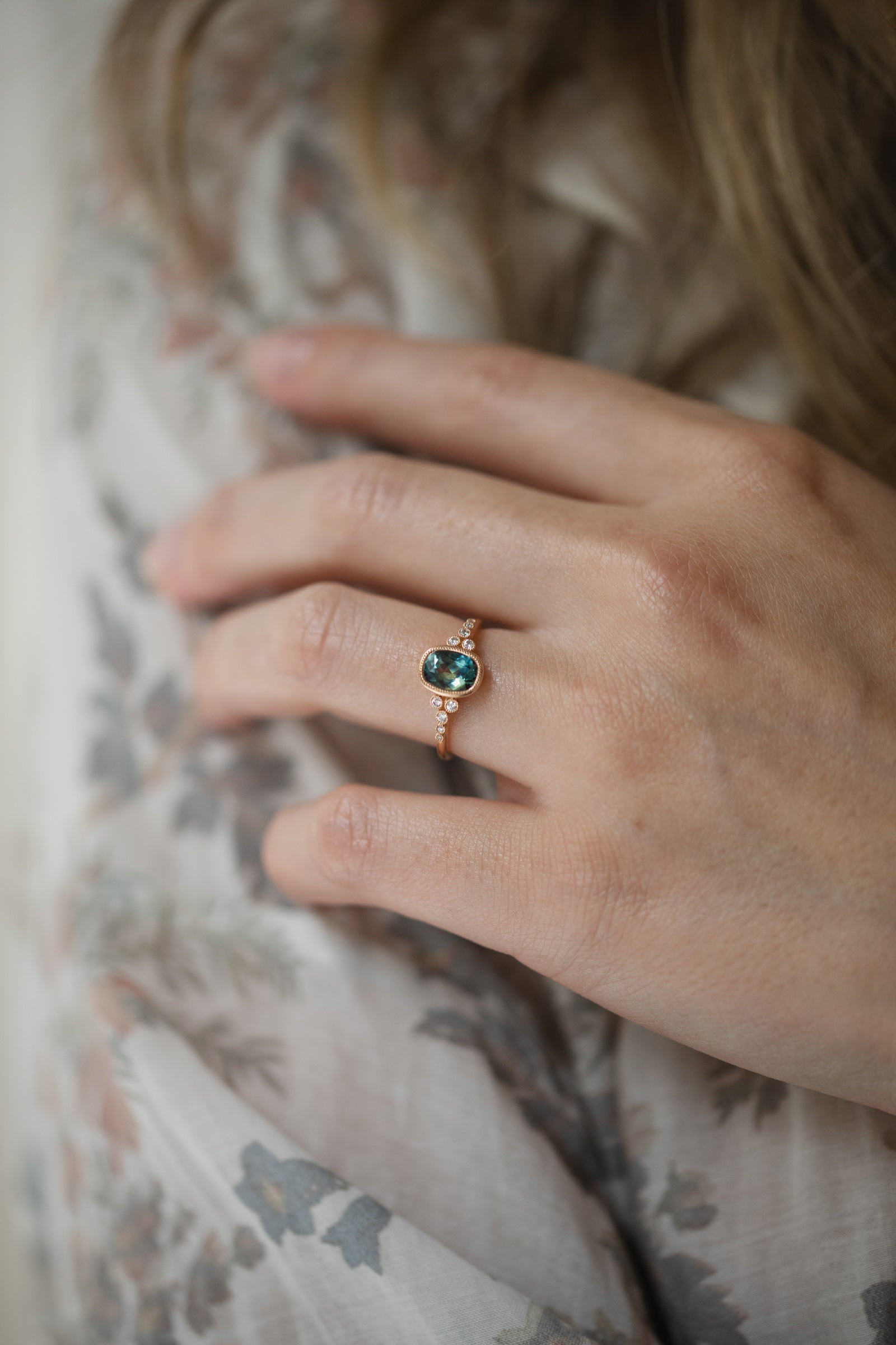 Designer engagement ring Unique piece in gold with natural blue-green umba sapphire and brilliant white diamonds Myrtille Beck