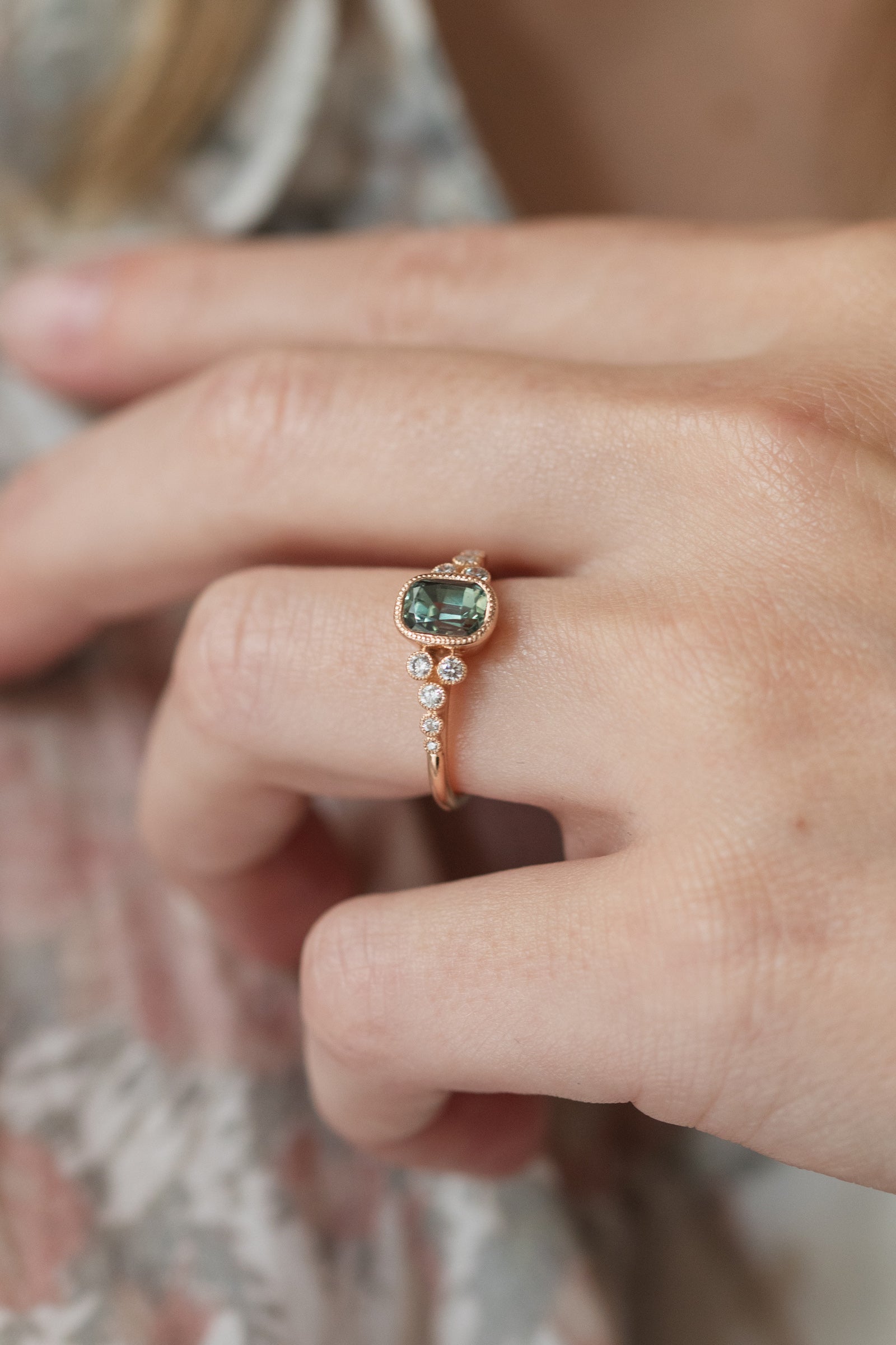 Designer engagement ring Unique piece in rose gold natural khaki green Umba sapphire and diamond