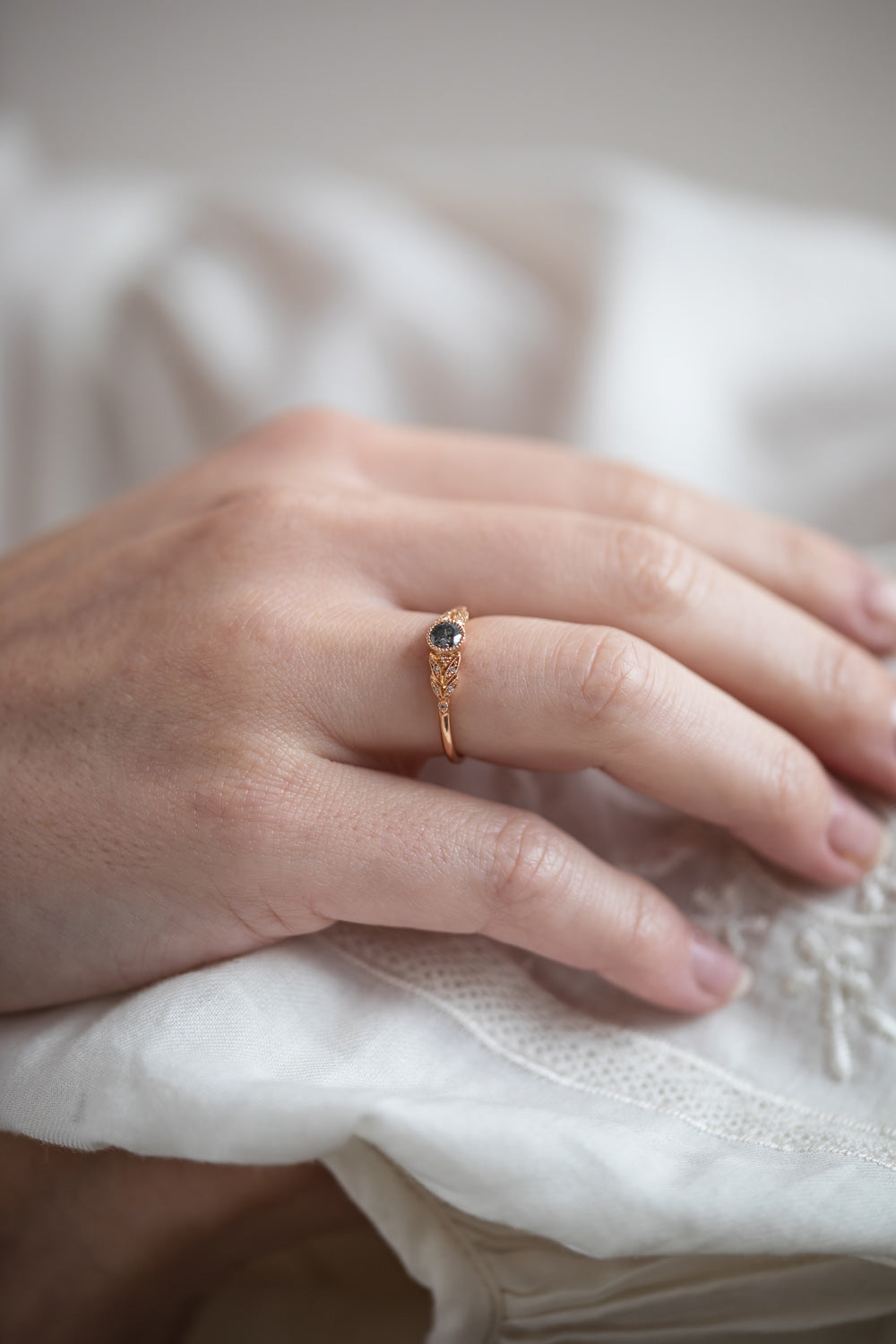 Designer engagement ring in gold with diamond and pepper diamond by Myrtille Beck