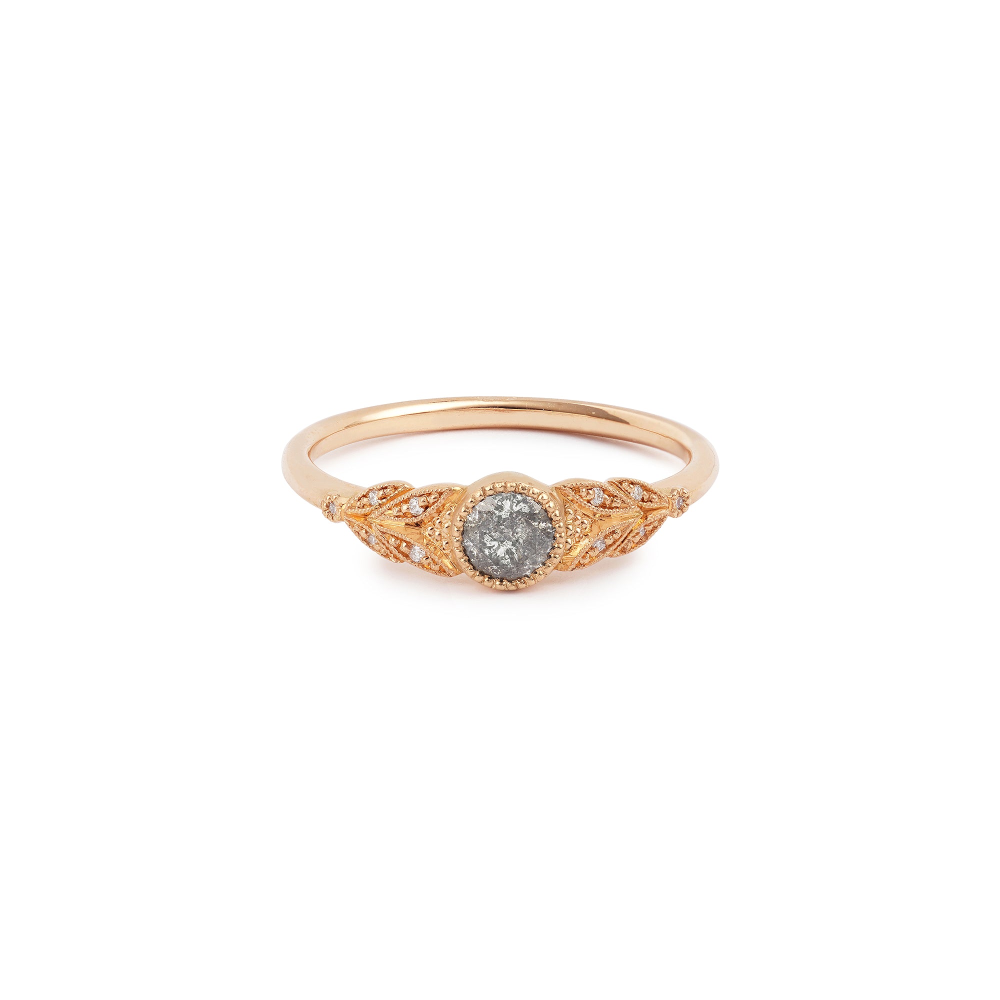Designer engagement ring in gold with diamond and pepper diamond by Myrtille Beck