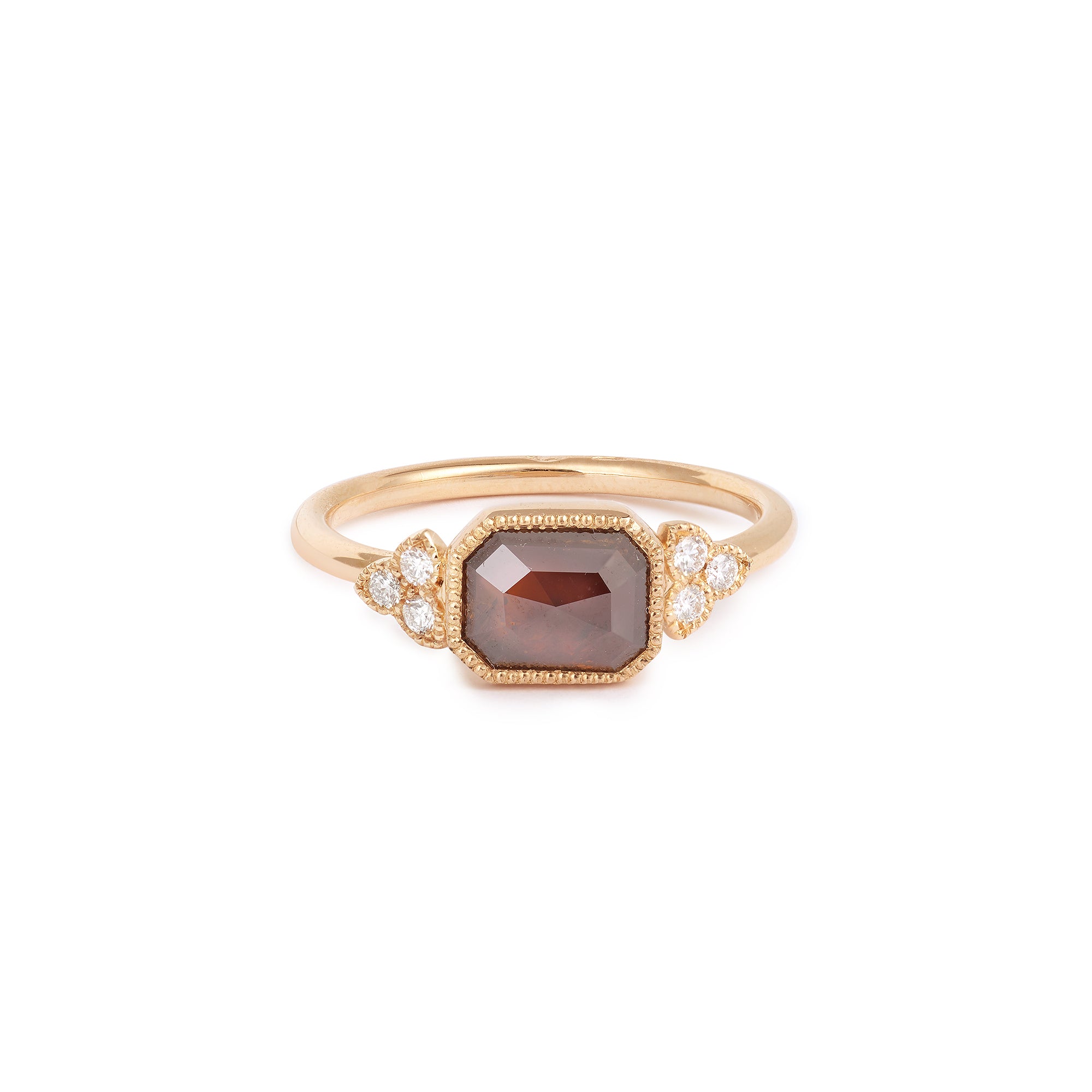 Designer engagement ring: A one-of-a-kind piece in gold featuring diamond rose-cut rectangular diamond with beveled edges and natural white brilliant-cut diamonds by Myrtille Beck