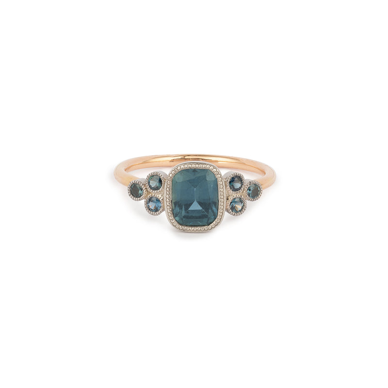 Pièce Unique Ring Flora Bicolore Or Saphir Umba Bleu-Vert Coussin