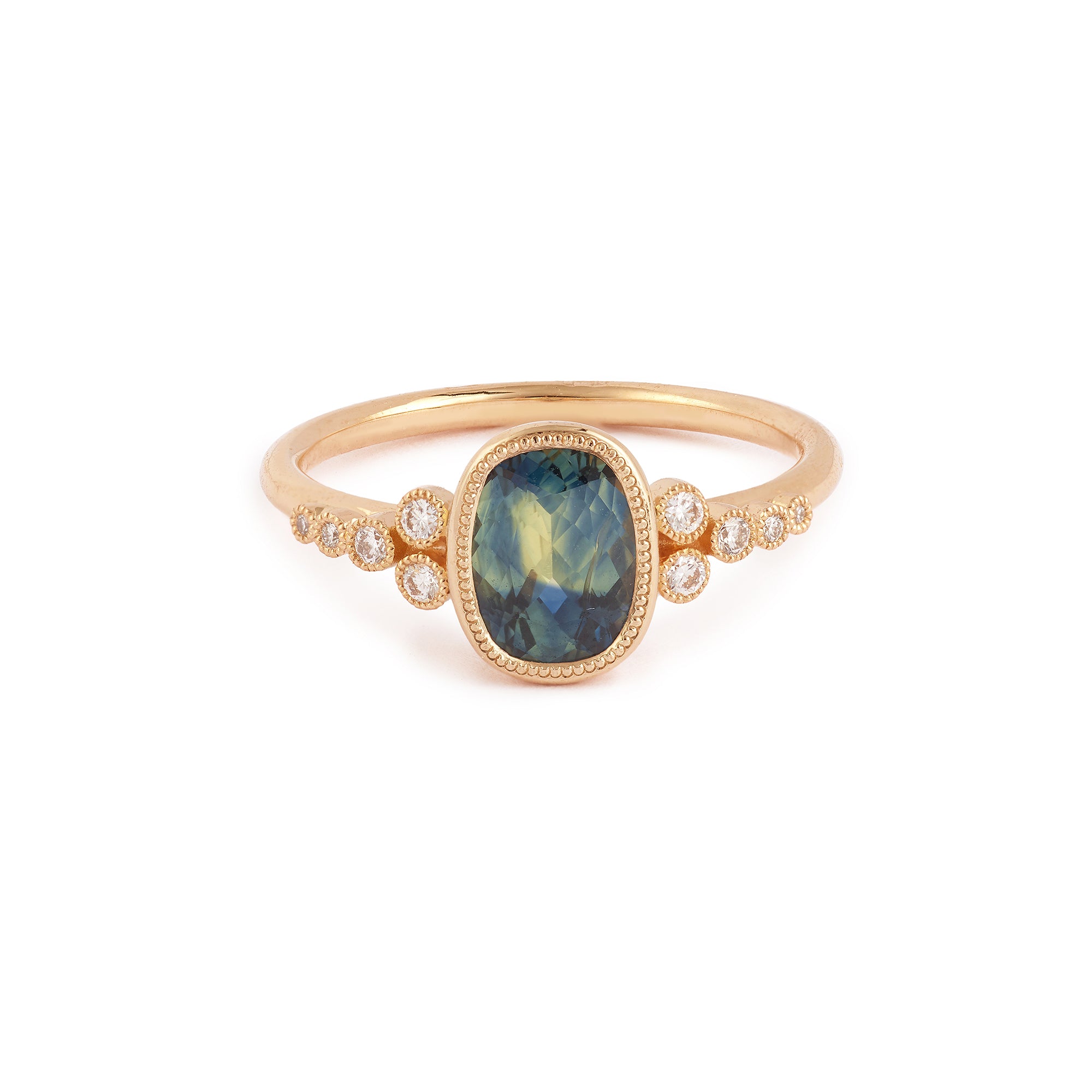 Designer engagement ring Unique piece in gold with natural blue-green umba sapphire and brilliant white diamonds Myrtille Beck