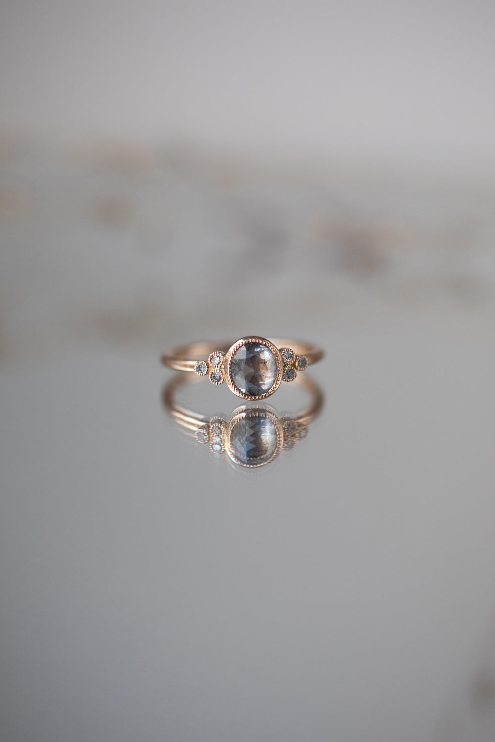 Engagement ring Unique piece in gold and diamond and pepper diamond Flora jewelry Myrtille Beck