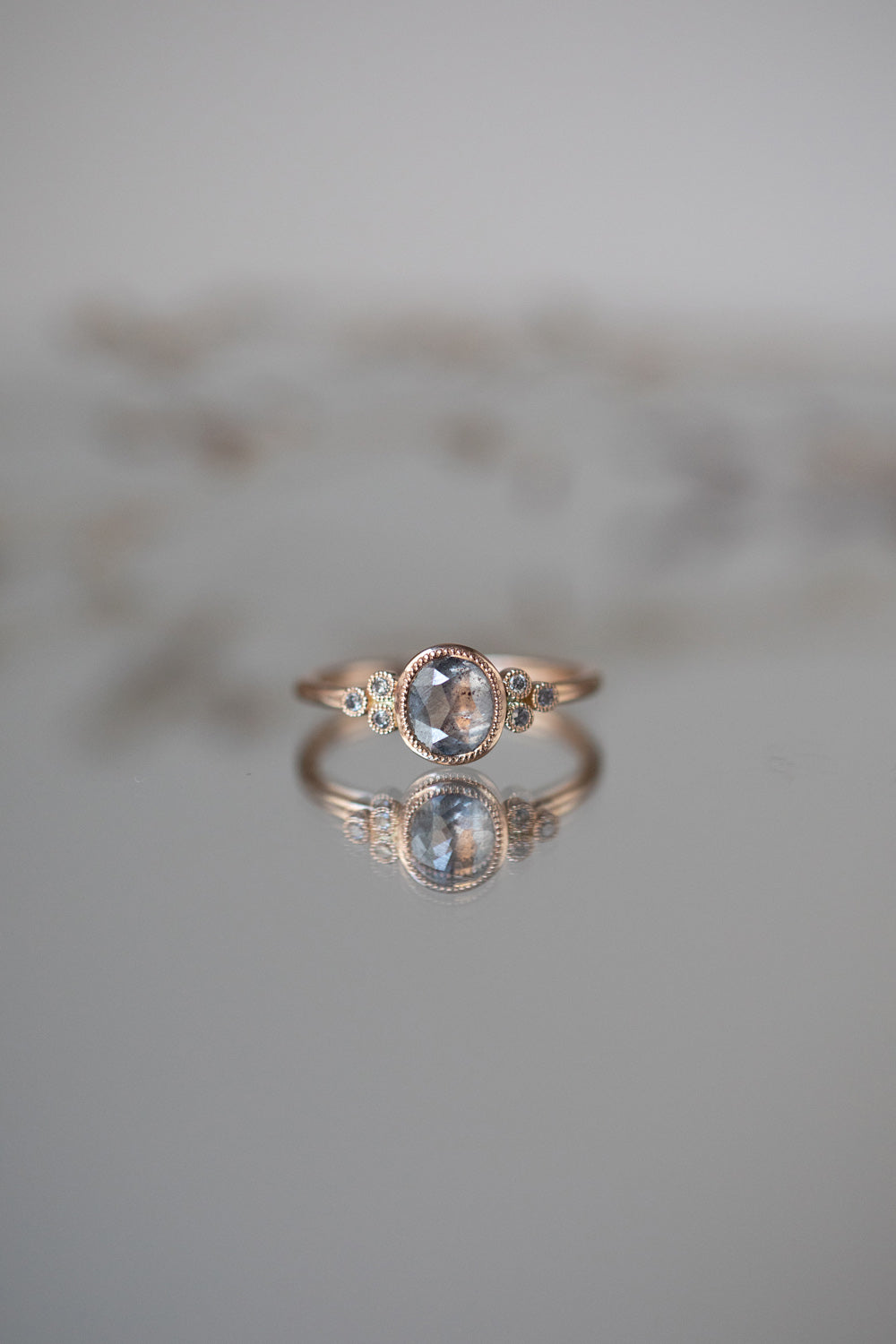 Engagement ring Unique piece in gold and diamond and pepper diamond Flora jewelry Myrtille Beck