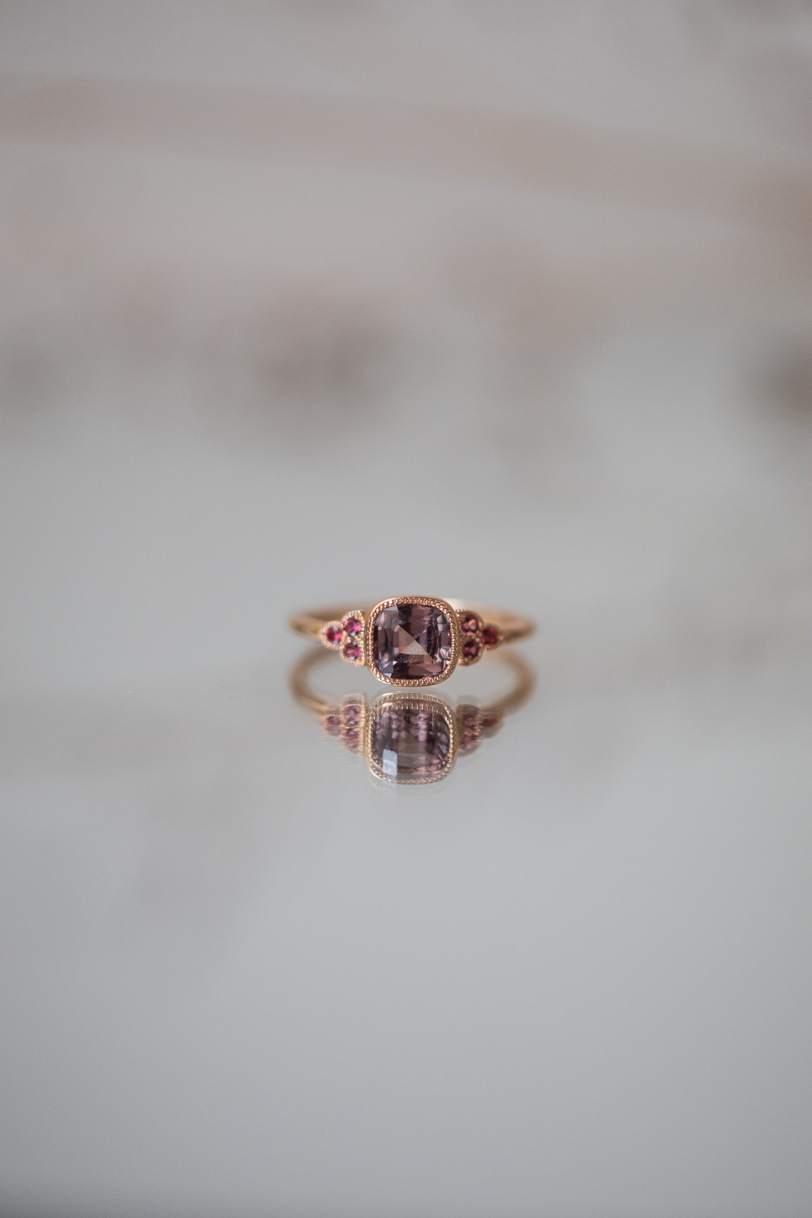 Designer engagement ring Unique piece in recycled gold Natural pink and red umba sapphires Myrtille Beck Paris