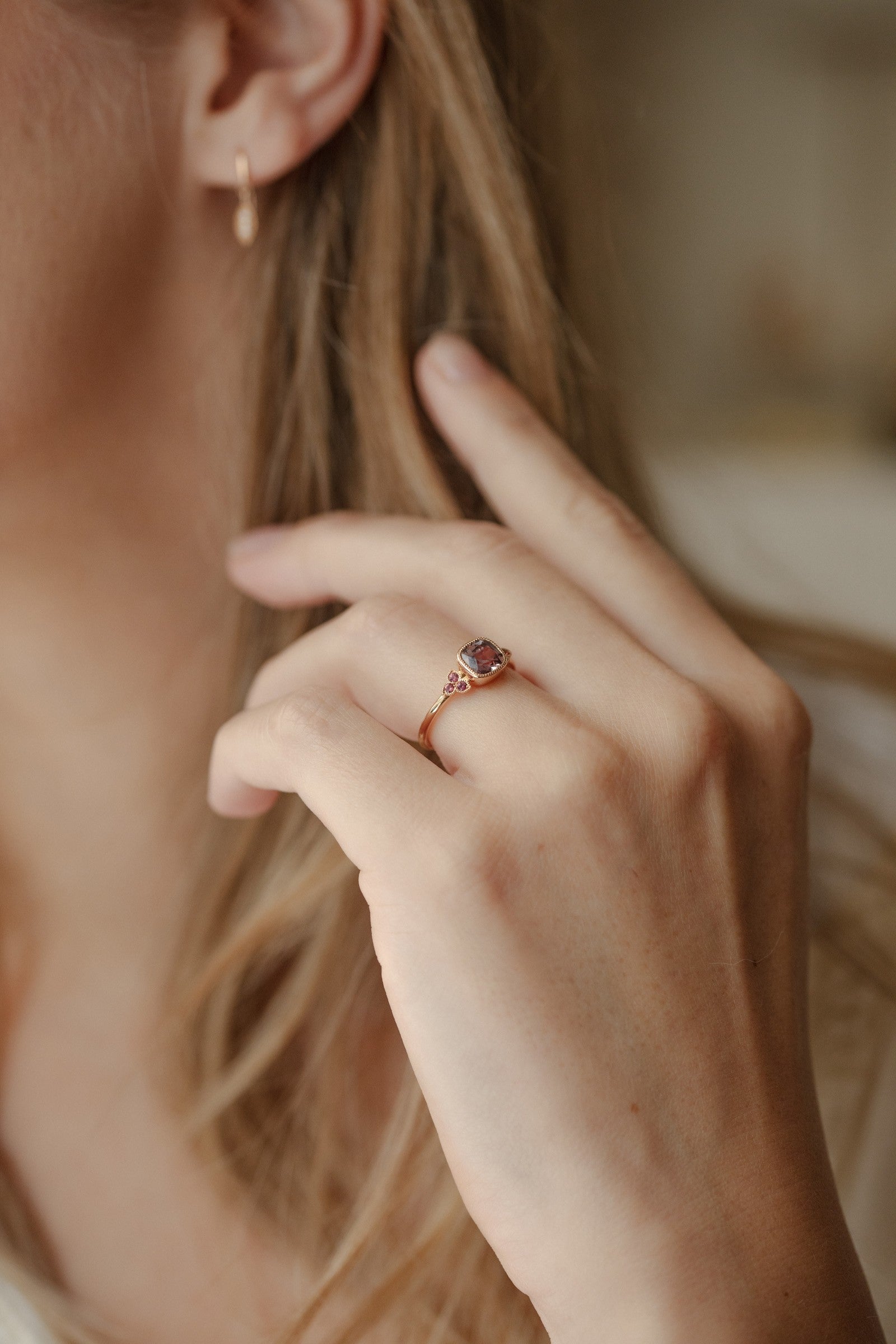 Designer engagement ring Unique piece in recycled gold Natural pink and red umba sapphires Myrtille Beck Paris