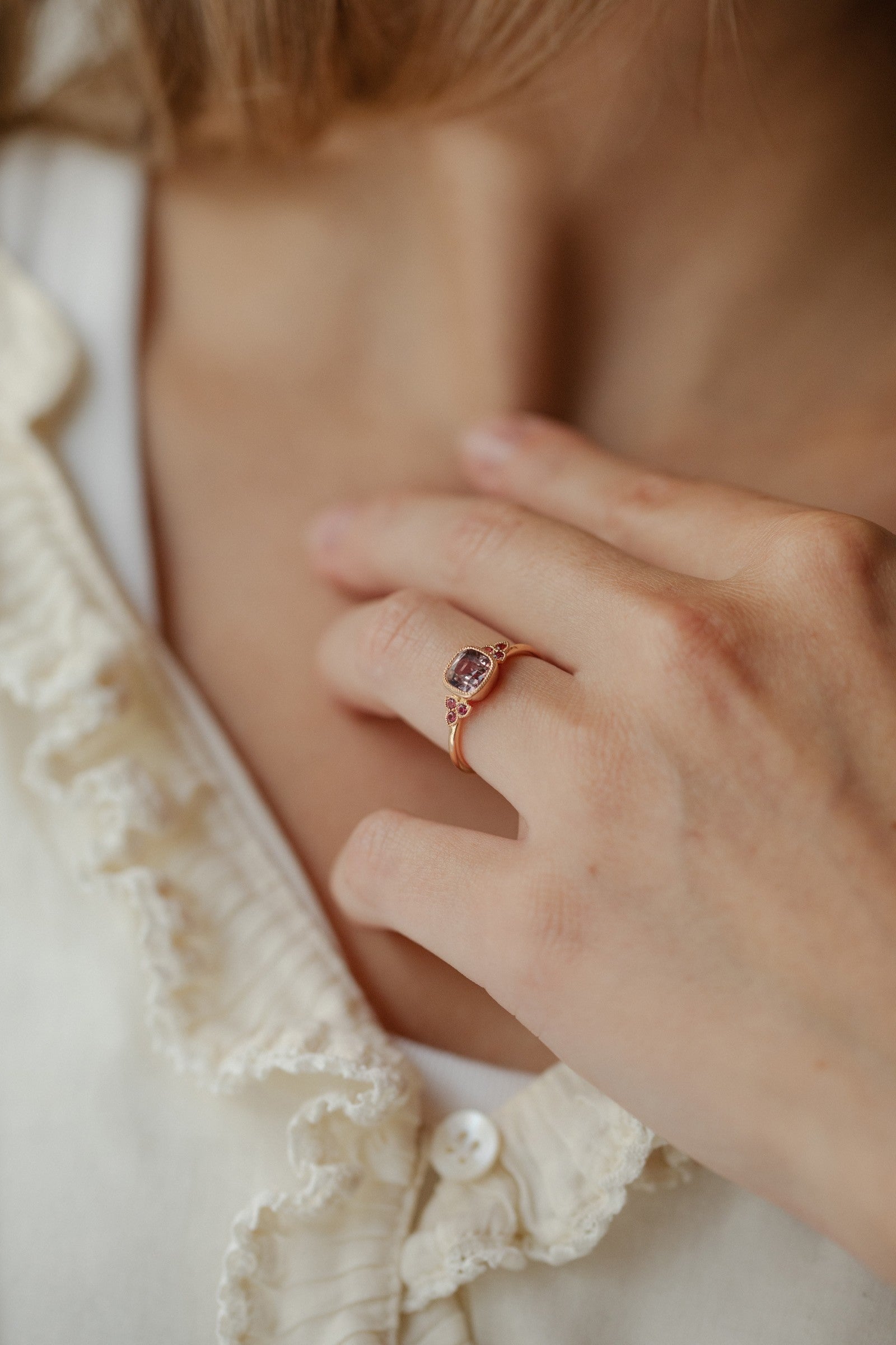 Designer engagement ring Unique piece in recycled gold Natural pink and red umba sapphires Myrtille Beck Paris