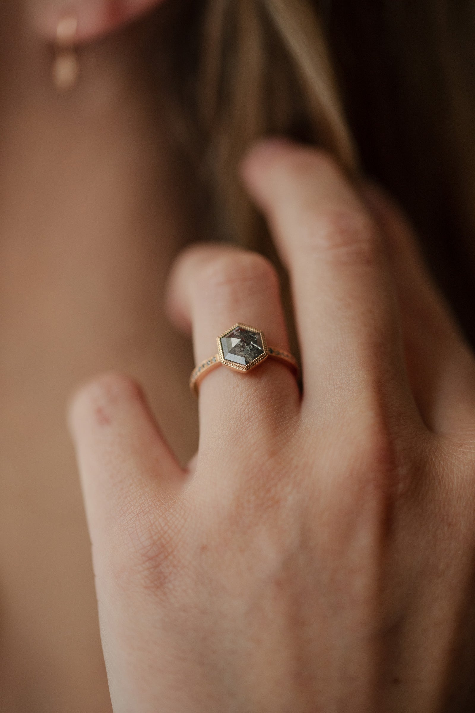 Designer engagement ring Unique piece in gold and natural salt and pepper diamond  Myrtille Beck Paris