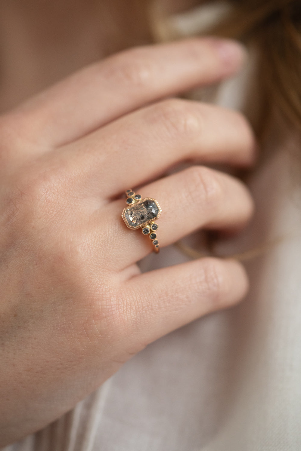 Engagement ring Unique piece in gold and diamond and pepper diamond Designer jewelry by Myrtille Beck