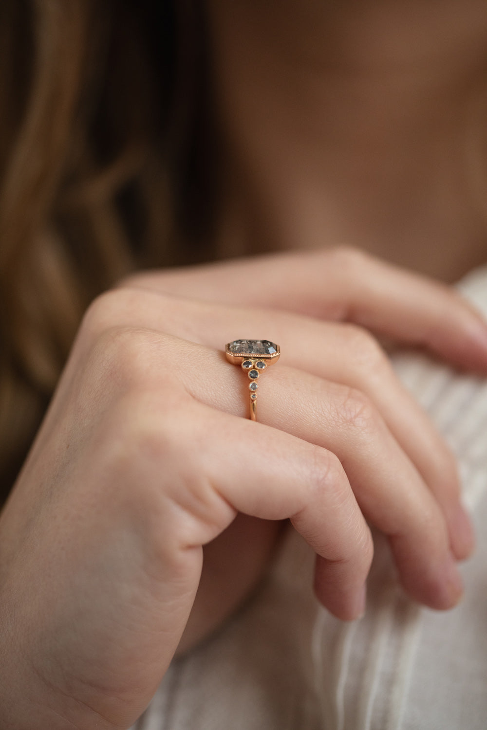 Engagement ring Unique piece in gold and diamond and pepper diamond Designer jewelry by Myrtille Beck