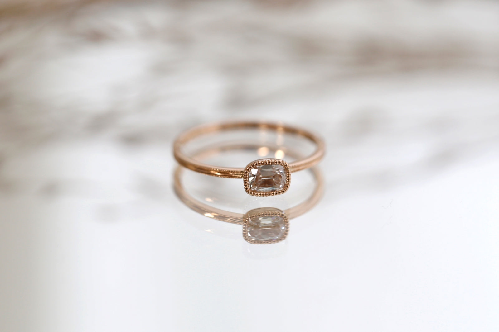 One of a kind diamondcushion, round double Milgrain ring