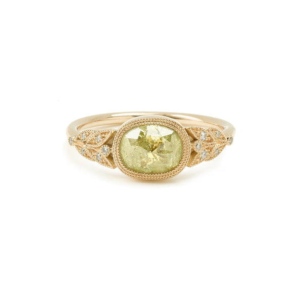 FeuillagediamondYellow Myrtille Beckring, unique piece, unique engagement ring paris, engagement ring oval diamondcushion