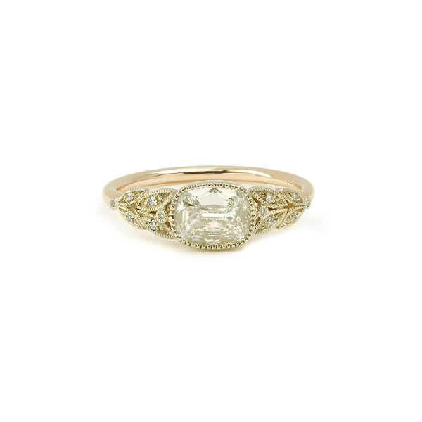 FeuillagediamondCushion Myrtille Beckring, unique piece, unique engagement ring paris, oval cushion engagement ring, oval diamondcushion engagement ring