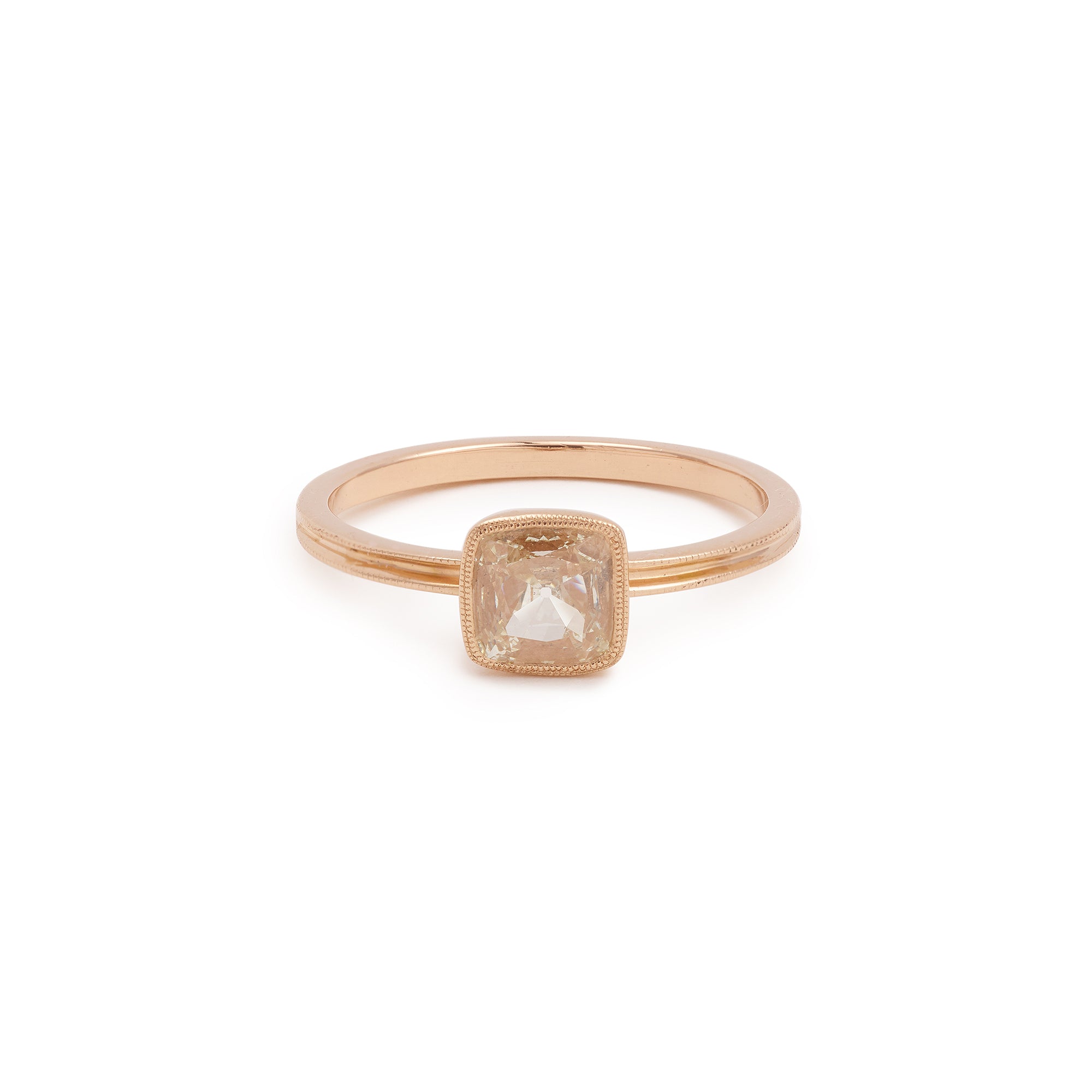 Single piece diamondsquare cushion, double Milgrain square ring