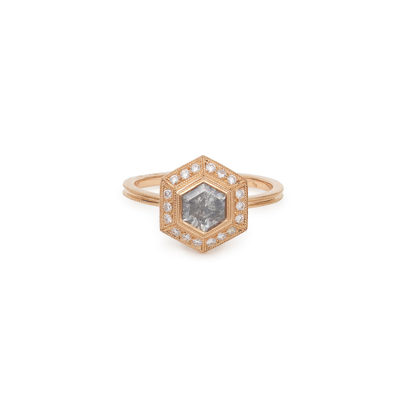 Unique piece n°9/2022, Hexagonal ring diamond Salt & Pepper