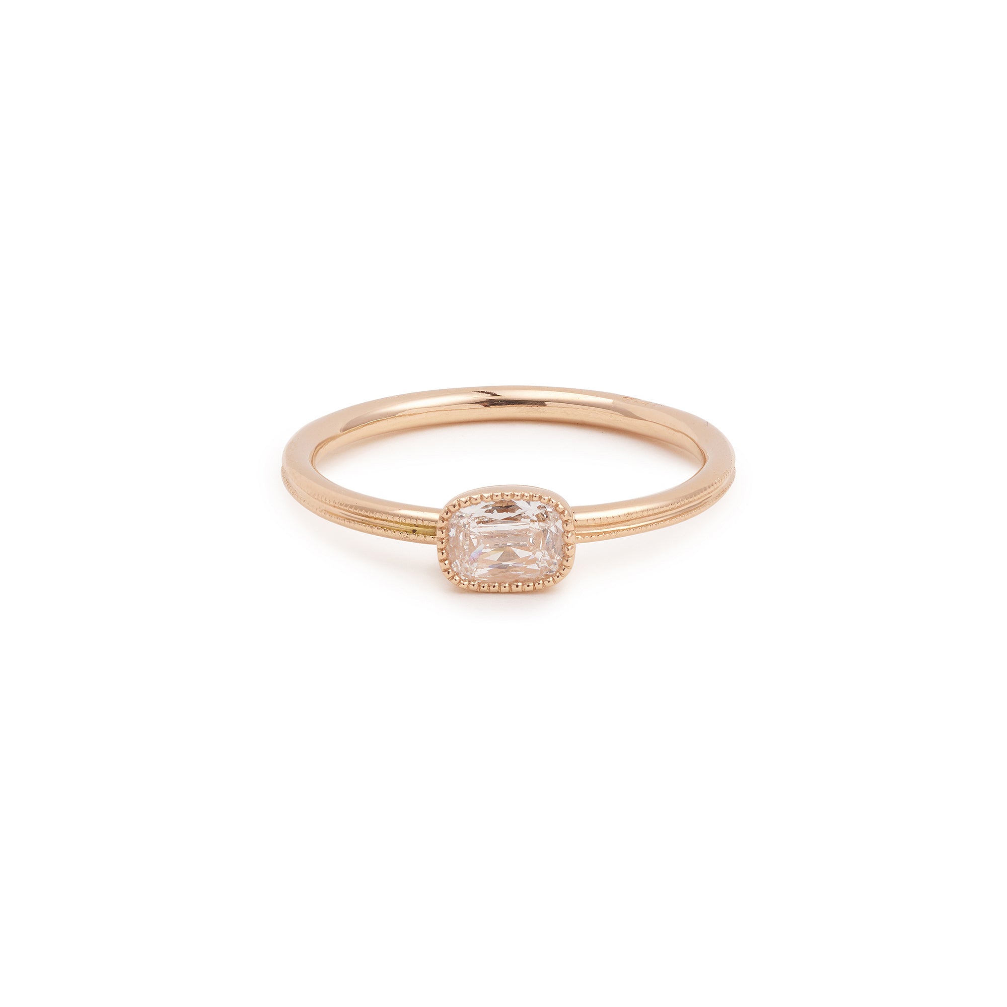Pièce unique diamant coussin, anneau double Milgrain rond